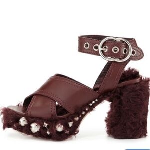 MIU MIU EMBELLISHED FAUX FUR BURGUNDY HEELS SIZE IT 40, US 10